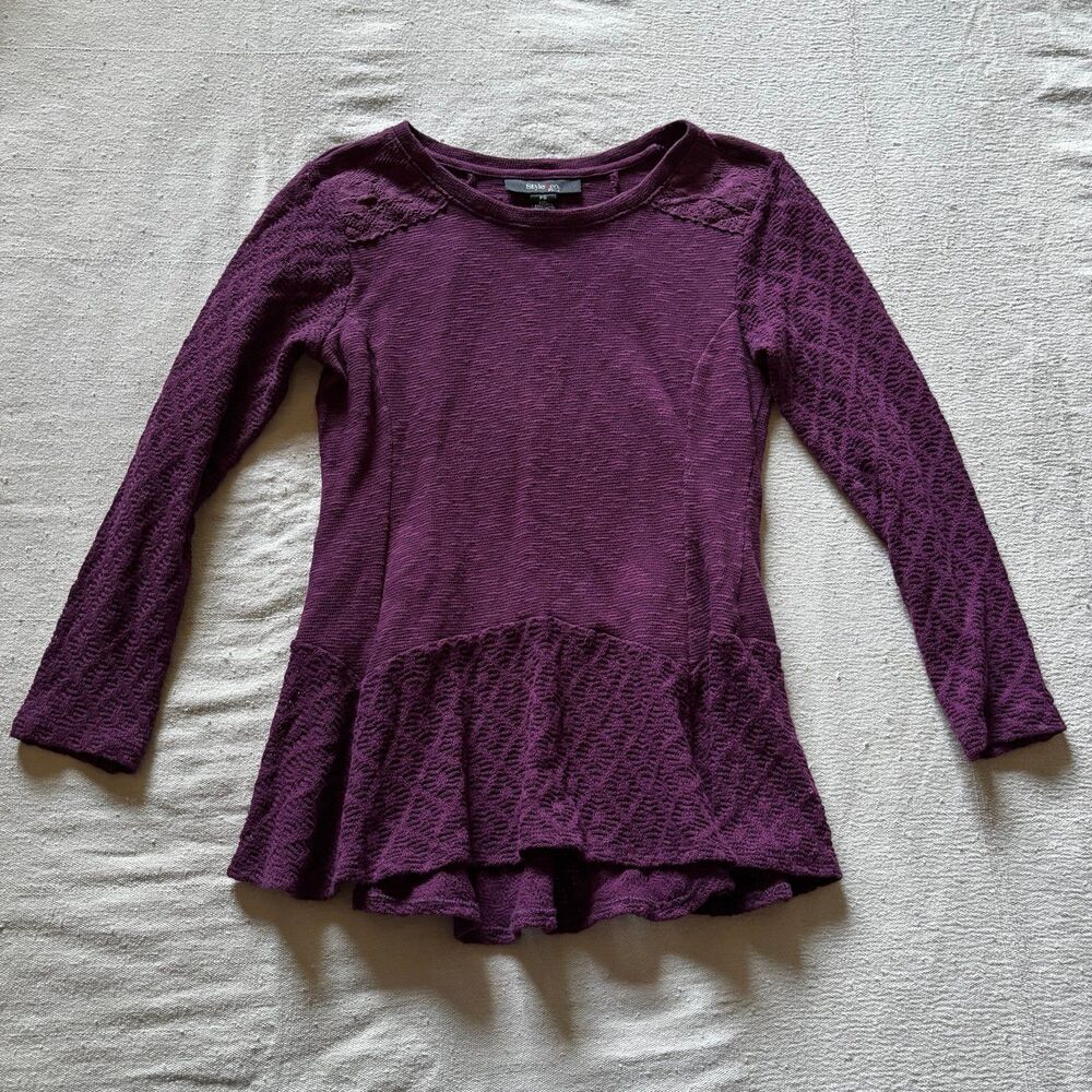 Boho Purple Textured Knit Peplum Long Sleeve